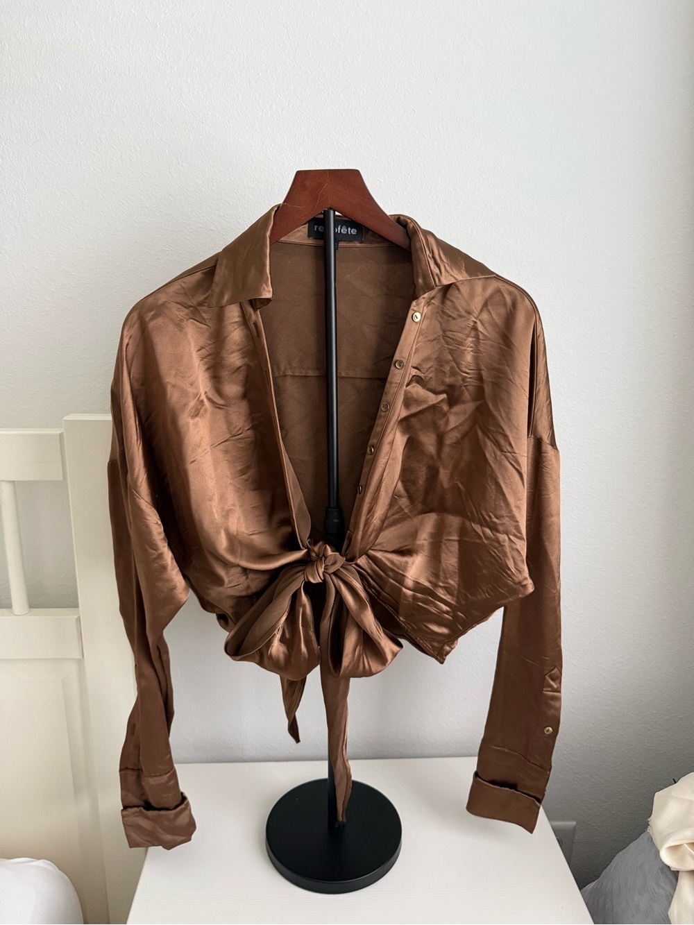 Retrofete Brown Satin Tie Blouse